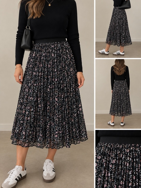 Reitmans Dresses & Skirts - Reitmans Black Midi Skirt with Pink Floral Print